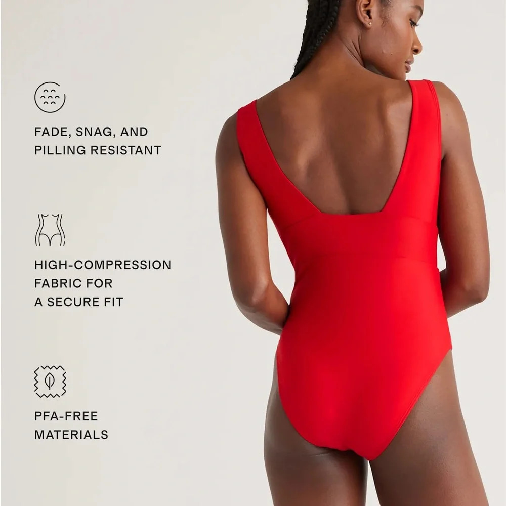NWT Quince Cherry Red Women’s Italian Plunge One-Piece Swimsuit Sz XS S M L 🍒 - Picture 4 of 13